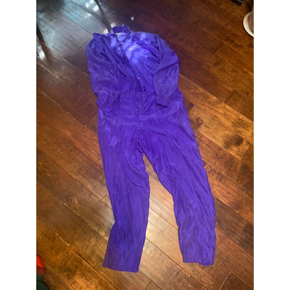 Vintage 80's Purple 100% Silk Full Length Jumpsuit Coveralls - Sz Large